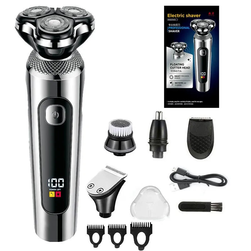 USB rechargeable beard trimmer with digital LED display on a five-in-one base bracket.