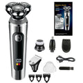 USB rechargeable beard trimmer with digital LED display on a five-in-one base bracket.