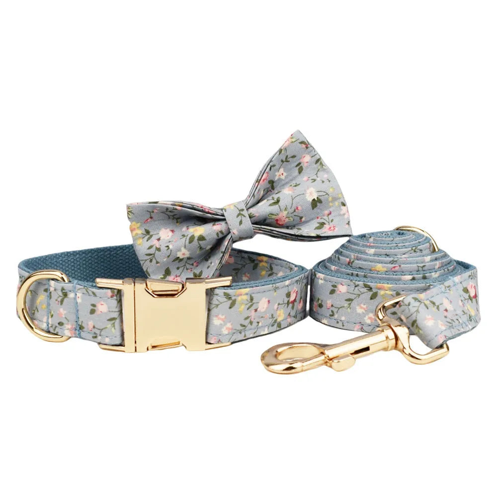 Blue floral pattern polyester cotton dog collar with decorative bow attachment and accessory set options