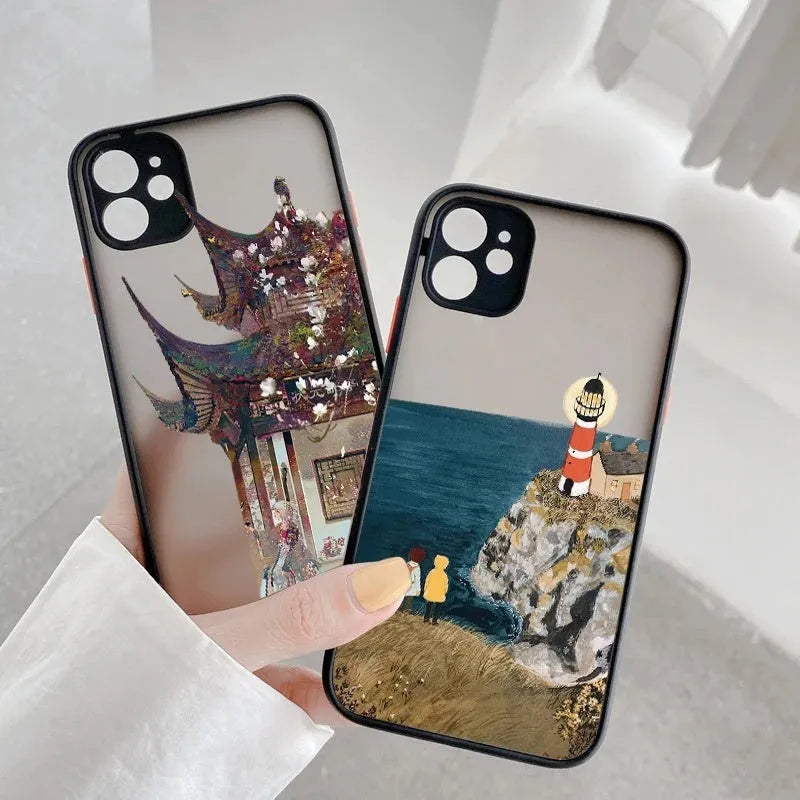 Vintage cartoon scenery girl phone case for iPhone models with Japan and South Korea style, options A B C