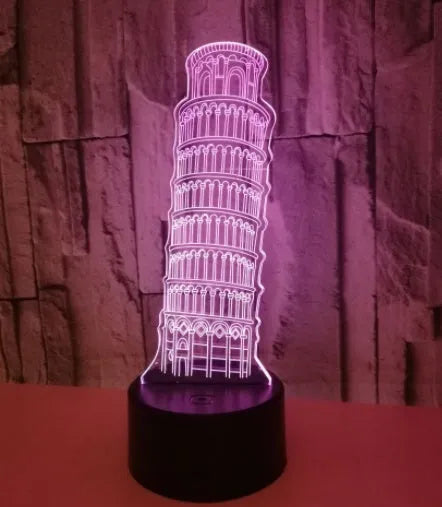 3D Leaning Tower of Pisa nightlight with seven colour options on acrylic panel with ABS base