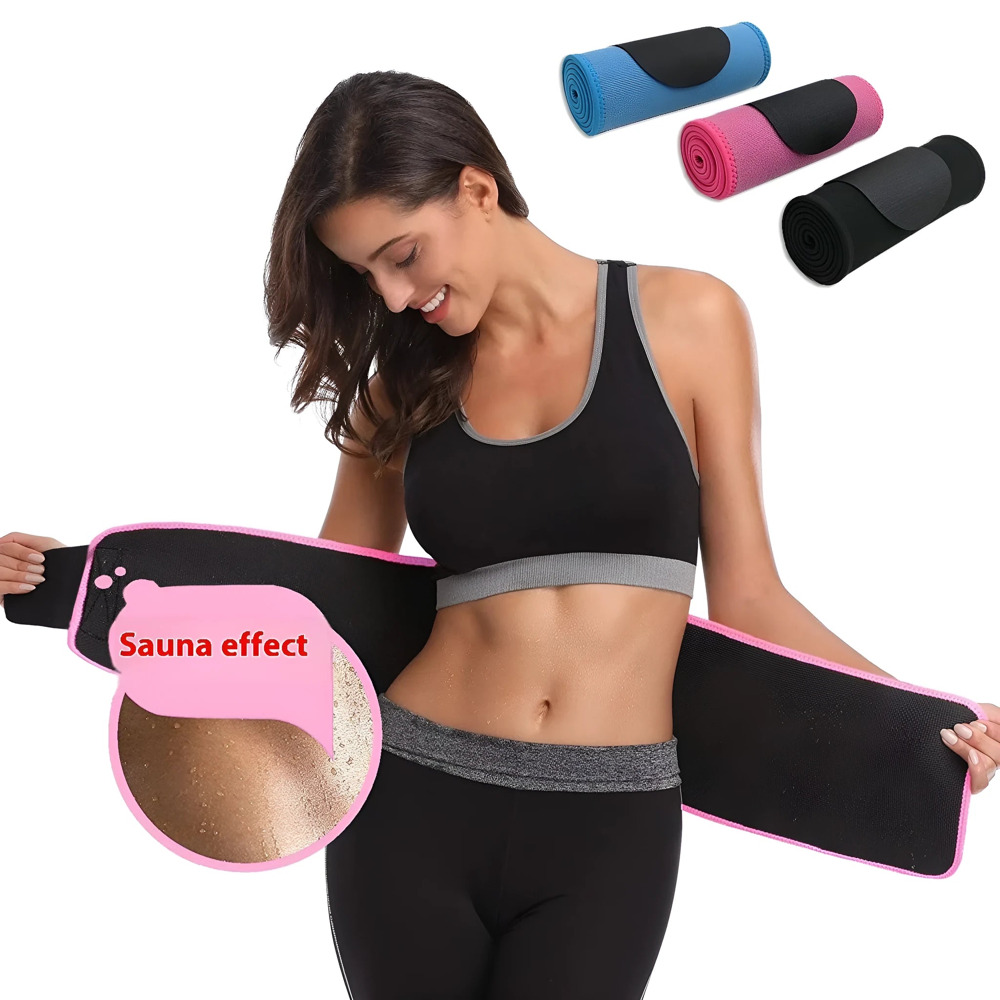 Neoprene lumbar support fitness belt in black, shown on a waist.