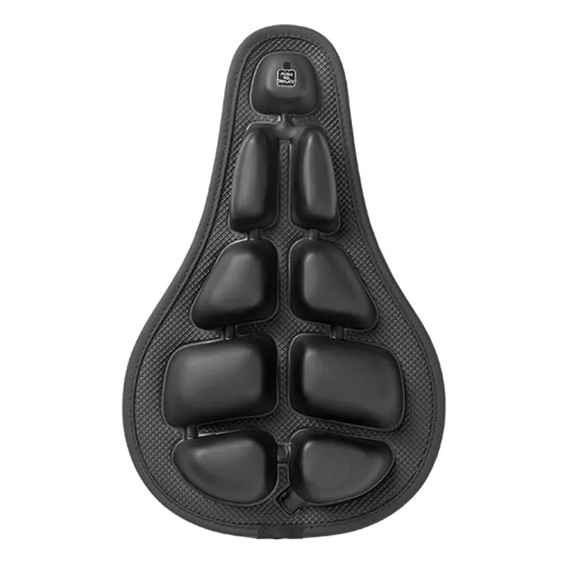 Black mountain bike saddle cushion with TPU and fabric layers on a black saddle