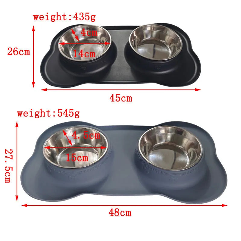 Large double dog bowl silicone mat set in chosen colour with stainless steel bowls