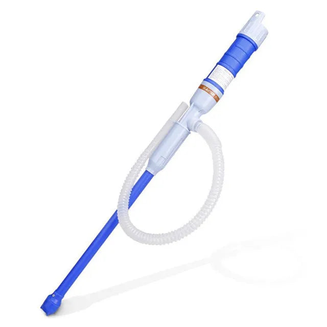 Blue manual hand siphon pump for transferring fuel and oil to small engines.