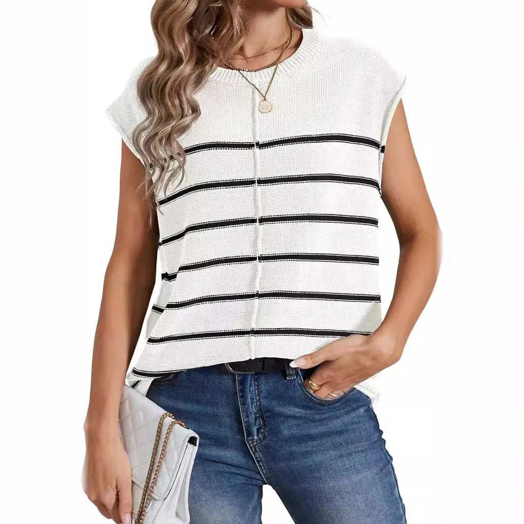Women's striped sleeveless pullover vest top in acrylic fabric on a hanger.