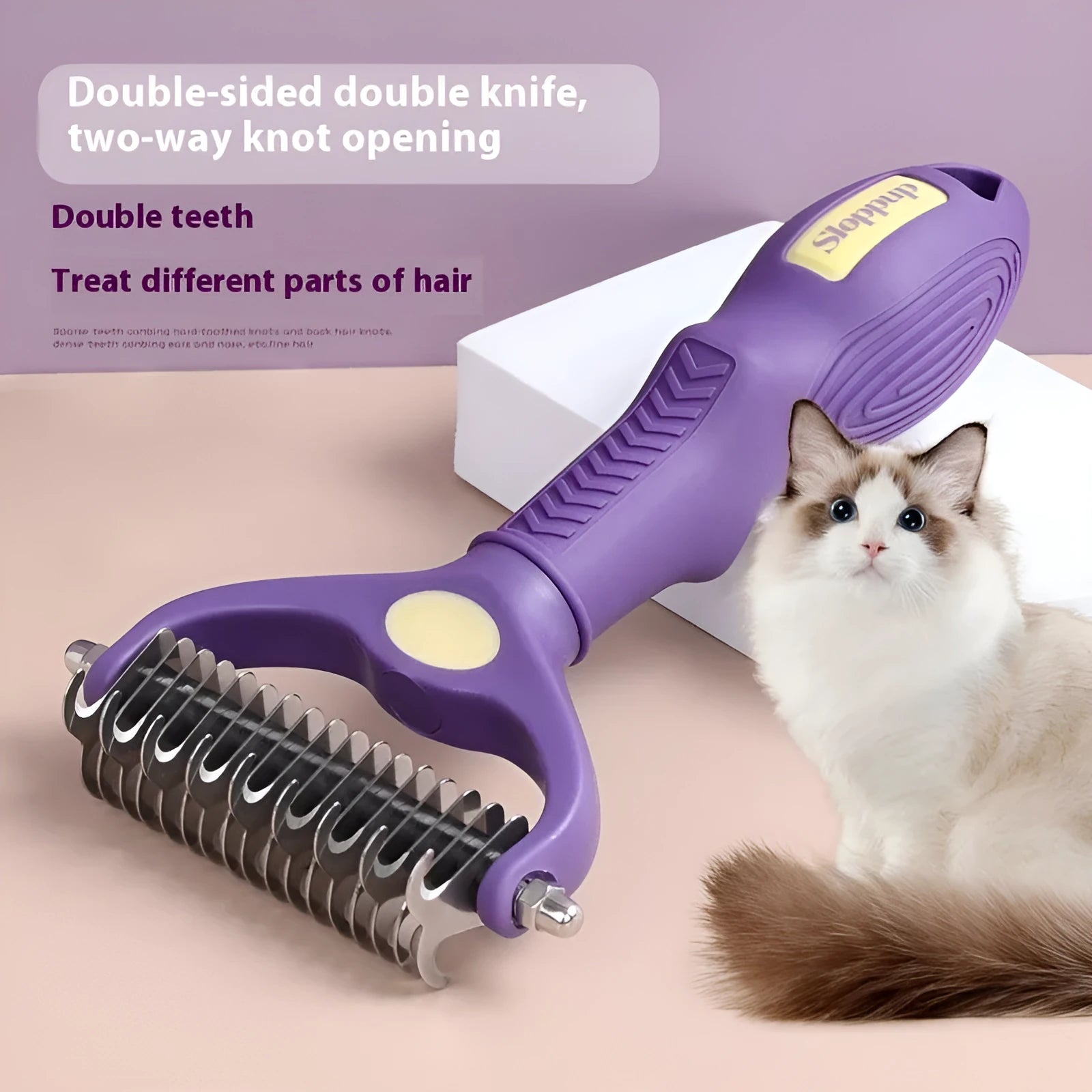 Purple plastic dual-sided pet comb for detangling dog and cat fur knots