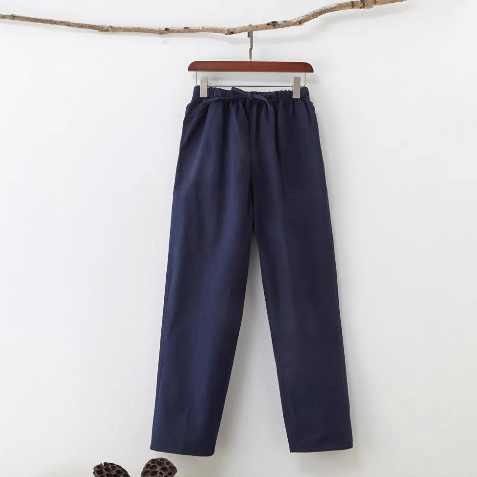 Men's solid colour pure cotton casual trousers with belt in mid waist design