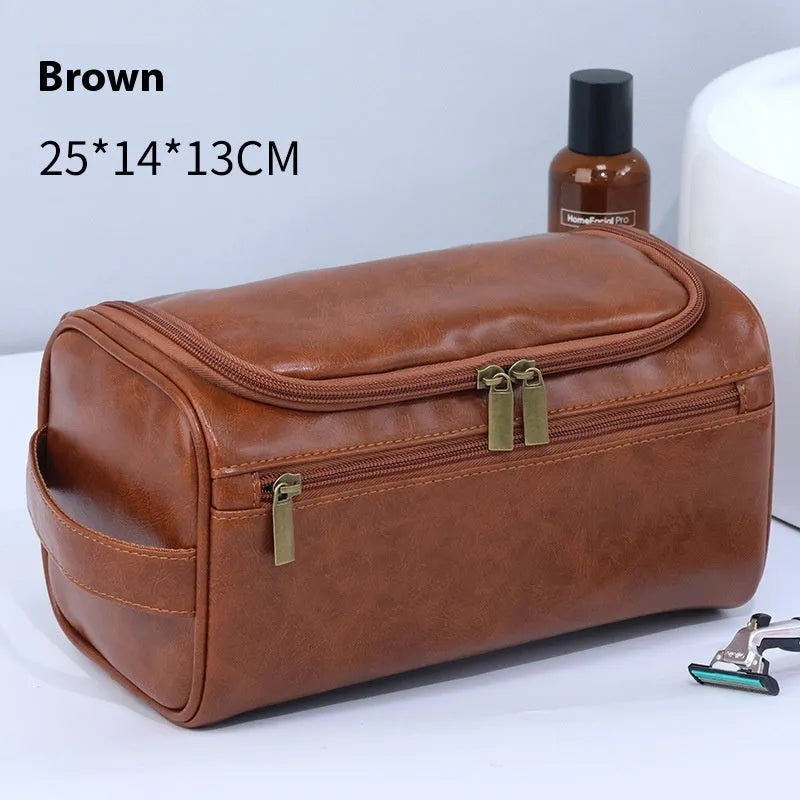 Large waterproof cosmetic storage bag in brown PU leather with a retro style design.