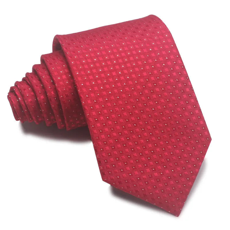 Men's striped jacquard business tie in red, showing arrow head shape and 8cm width.