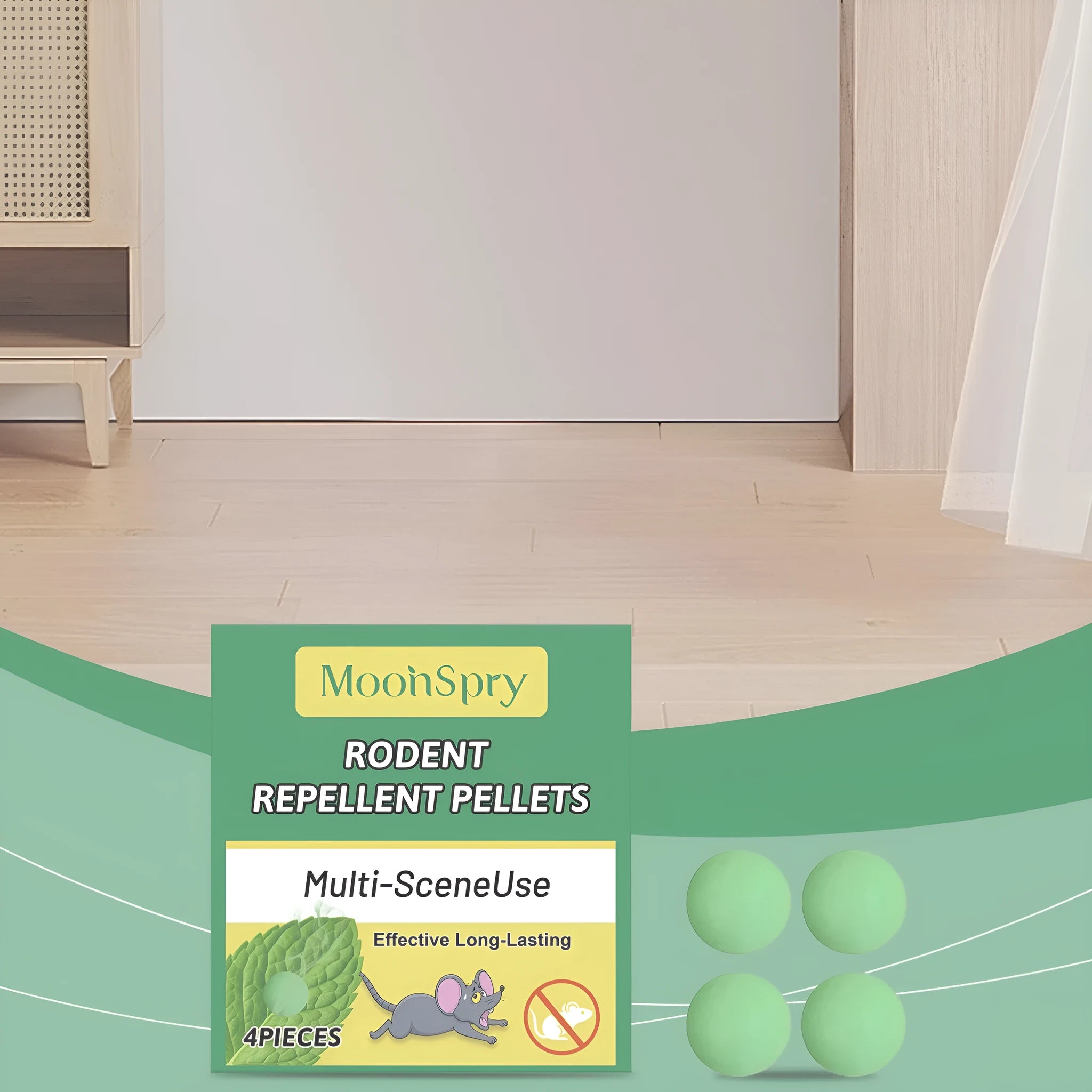 Rodent repellent pellets with natural camphor and menthol scents in a pack of four