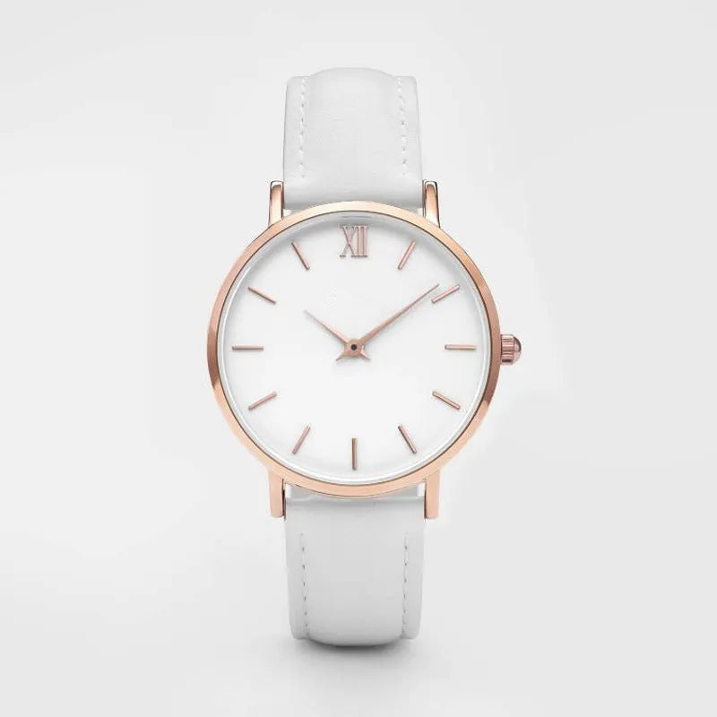 Square quartz watch with PU leather strap and alloy case in a selection of colours on a white background.