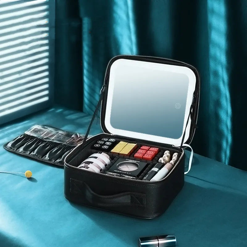 Large-capacity polyurethane leather cosmetics storage bag with LED lamp ring and mirror, 26x23x11cm