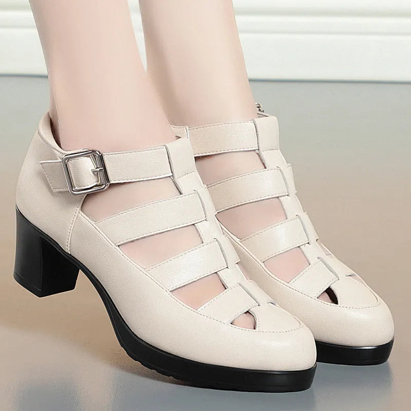 Women's closed toe sandals with chunky woven heels and adjustable ankle straps in black colour