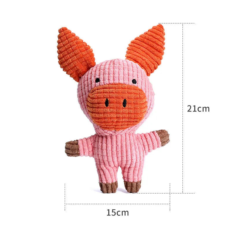 Animal shape plush squeaky dog toys in bright colours with bite-resistant construction