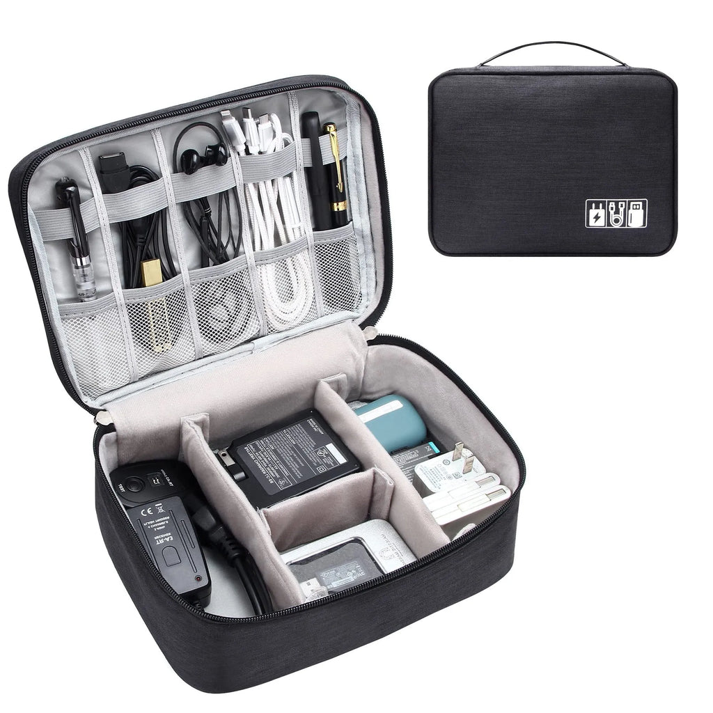 Black travel cable organiser bag with removable dividers and mesh pockets for electronic accessories