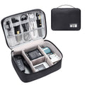 Black travel cable organiser bag with removable dividers and mesh pockets for electronic accessories