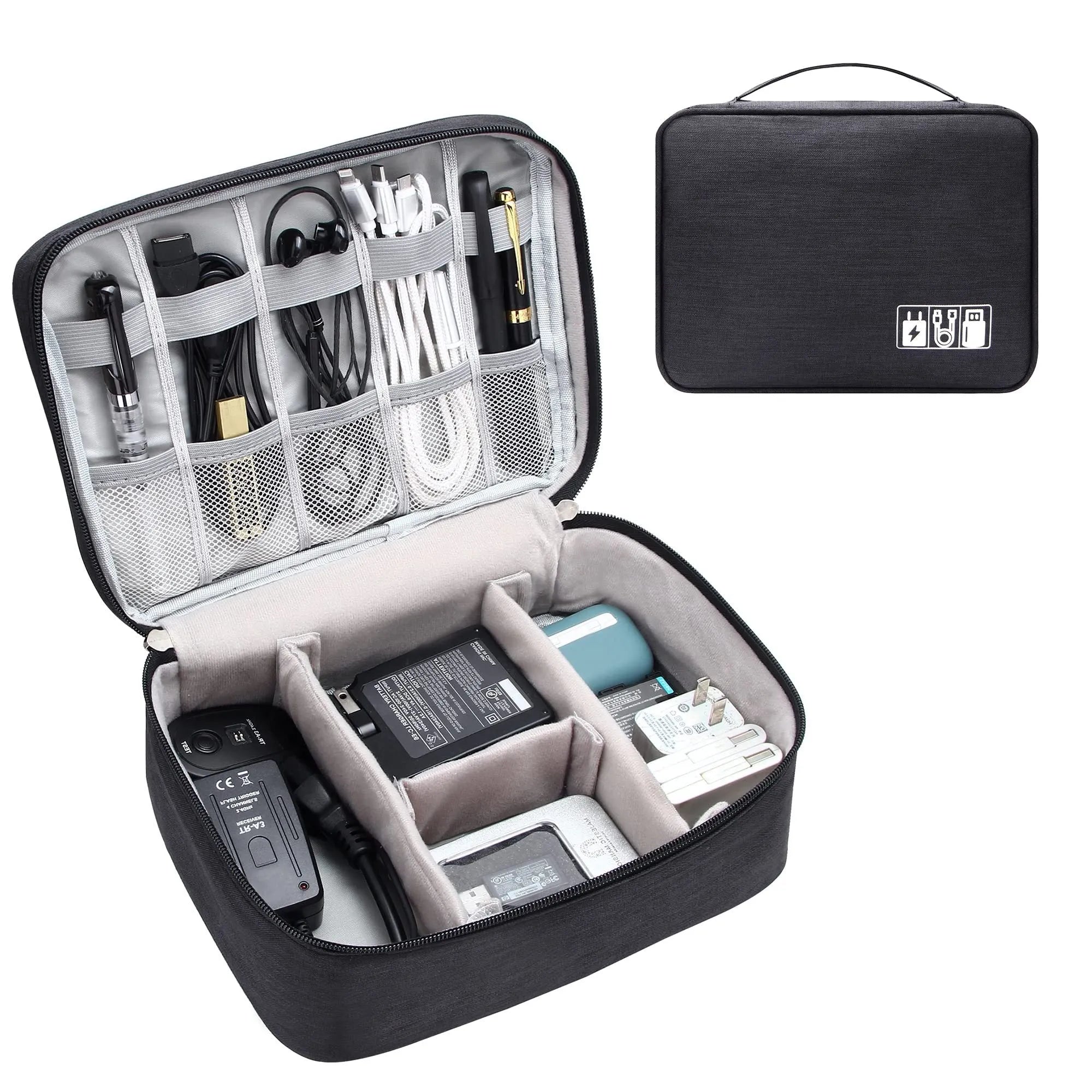 Black travel cable organiser bag with removable dividers and mesh pockets for electronic accessories