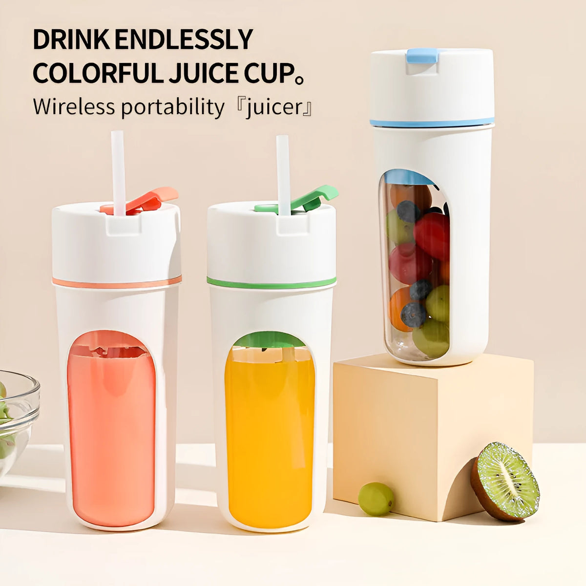 Portable USB electric juicer with 400ml PC food-grade plastic cup, available in blue, green or orange.