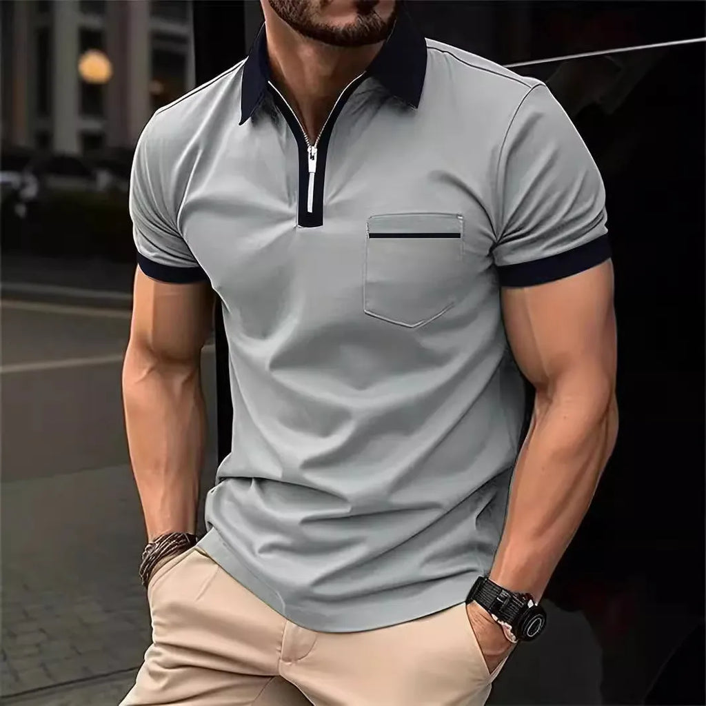 Men's casual short sleeve shirt with chest pocket and zipper decorations in a loose fit.