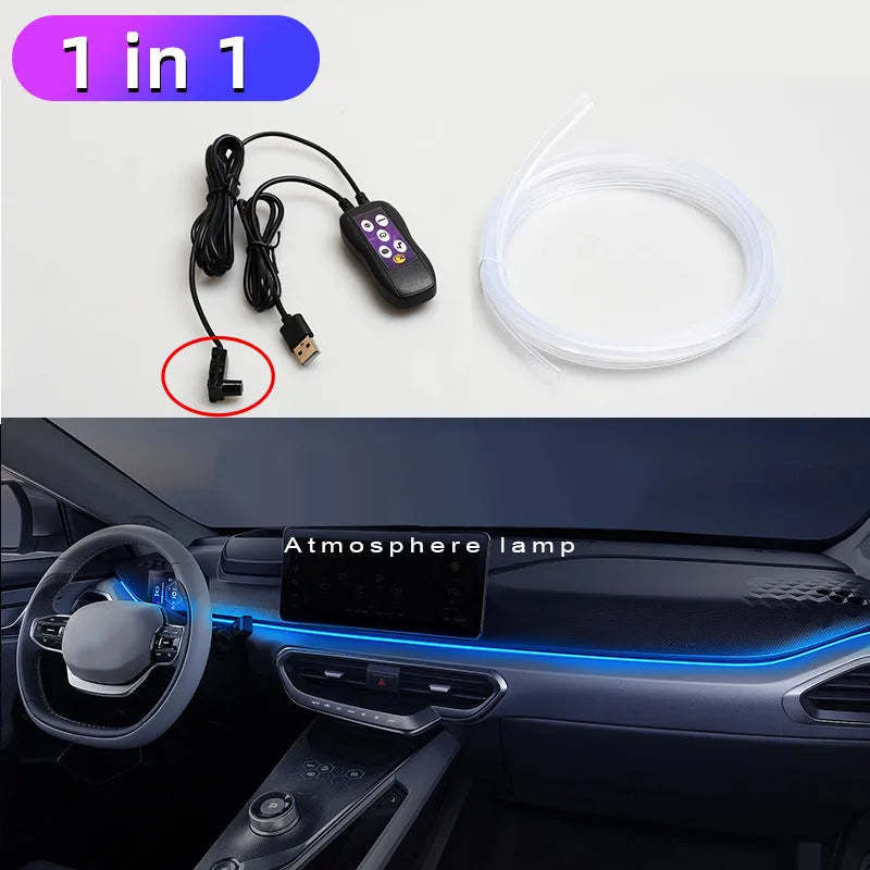 Car dashboard LED ambient lighting kit with USB connection and flexible PVC strips