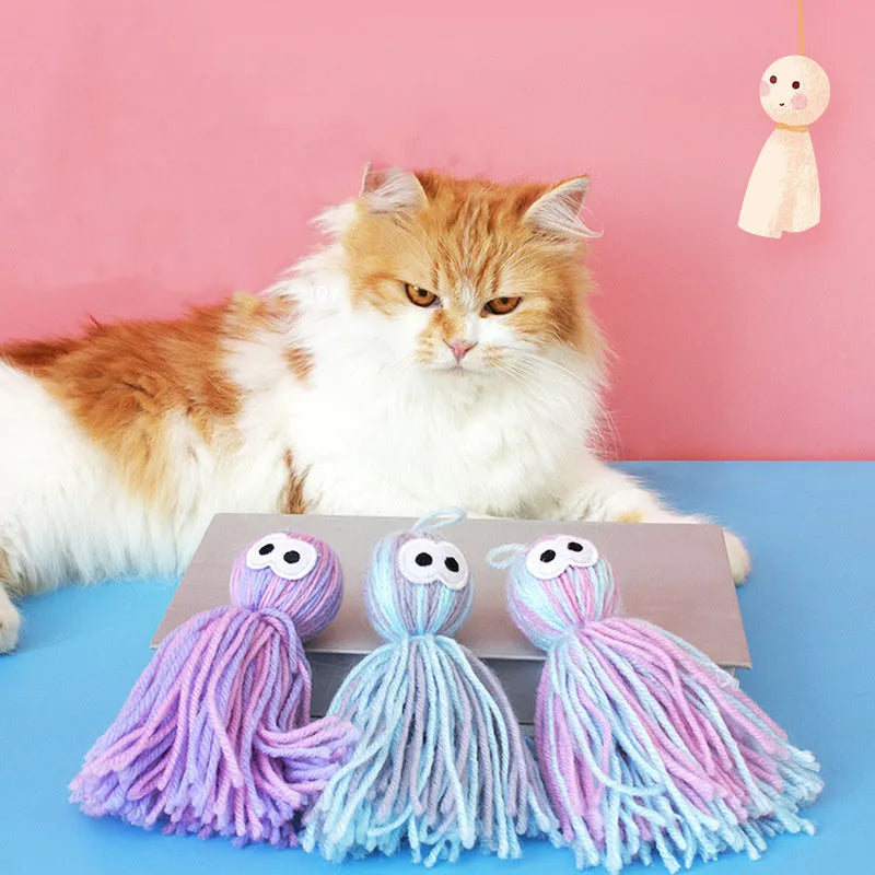 Bite-resistant wool cat ball with teaser stick for kitten teeth grinding and hanging play