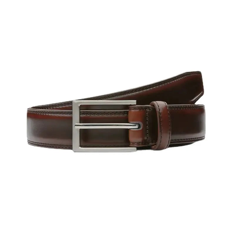 Men's brown genuine leather casual belt with an alloy buckle on a plain background