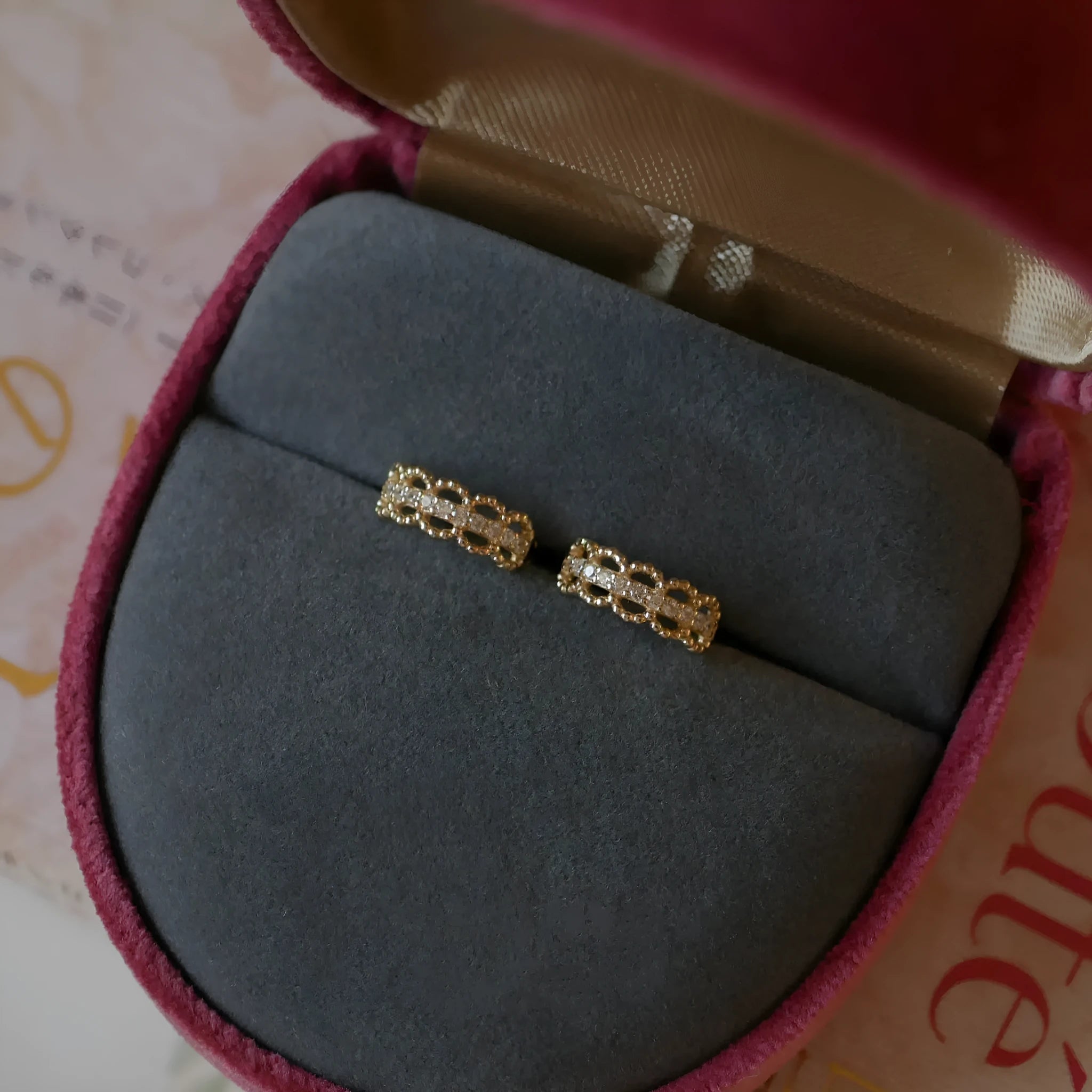 Gold lace ear clip small earrings in 925 silver with electroplated 18K gold finish