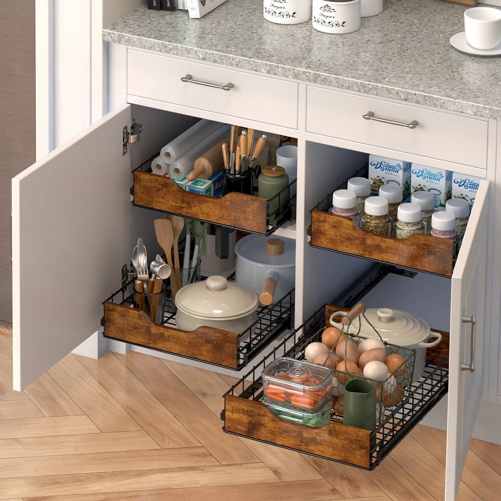 Black household storage basket drawer with wood and iron frame, showing pull-basket design.