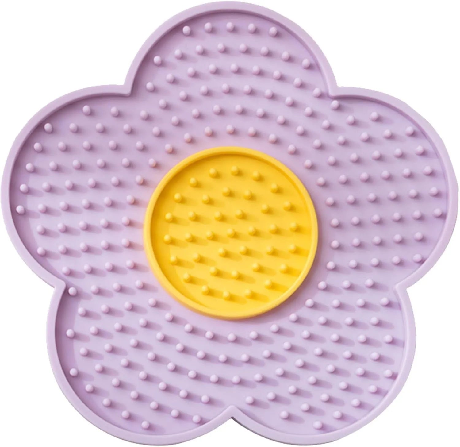 Flower-shaped silicone lick mat for dogs and cats with suction cups on a blue background.