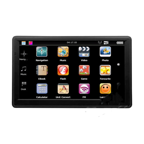 Black portable car GPS navigation device with 7 inch screen mounted on a bracket and car charger.