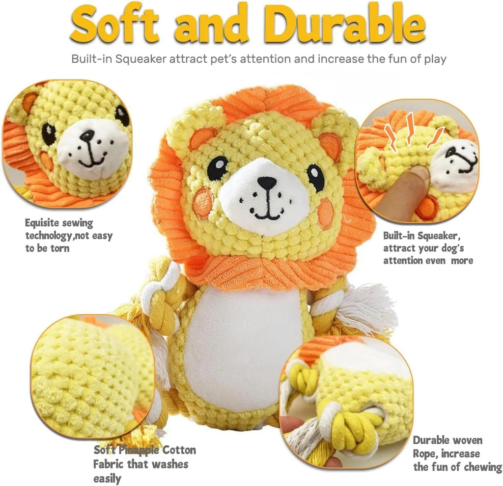 Two plush squeaky dog toys, a lion and a monkey, for medium and large dogs.