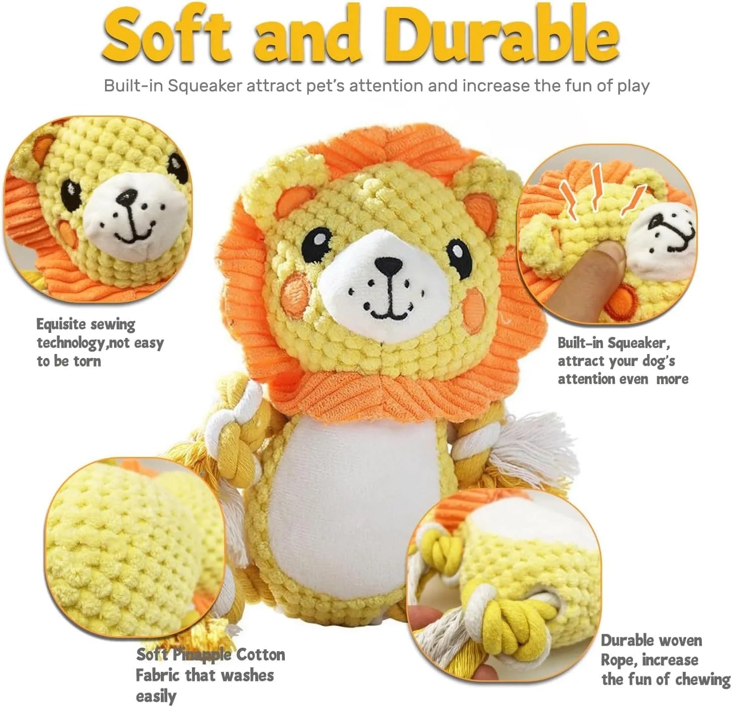 Two plush squeaky dog toys, a lion and a monkey, for medium and large dogs.