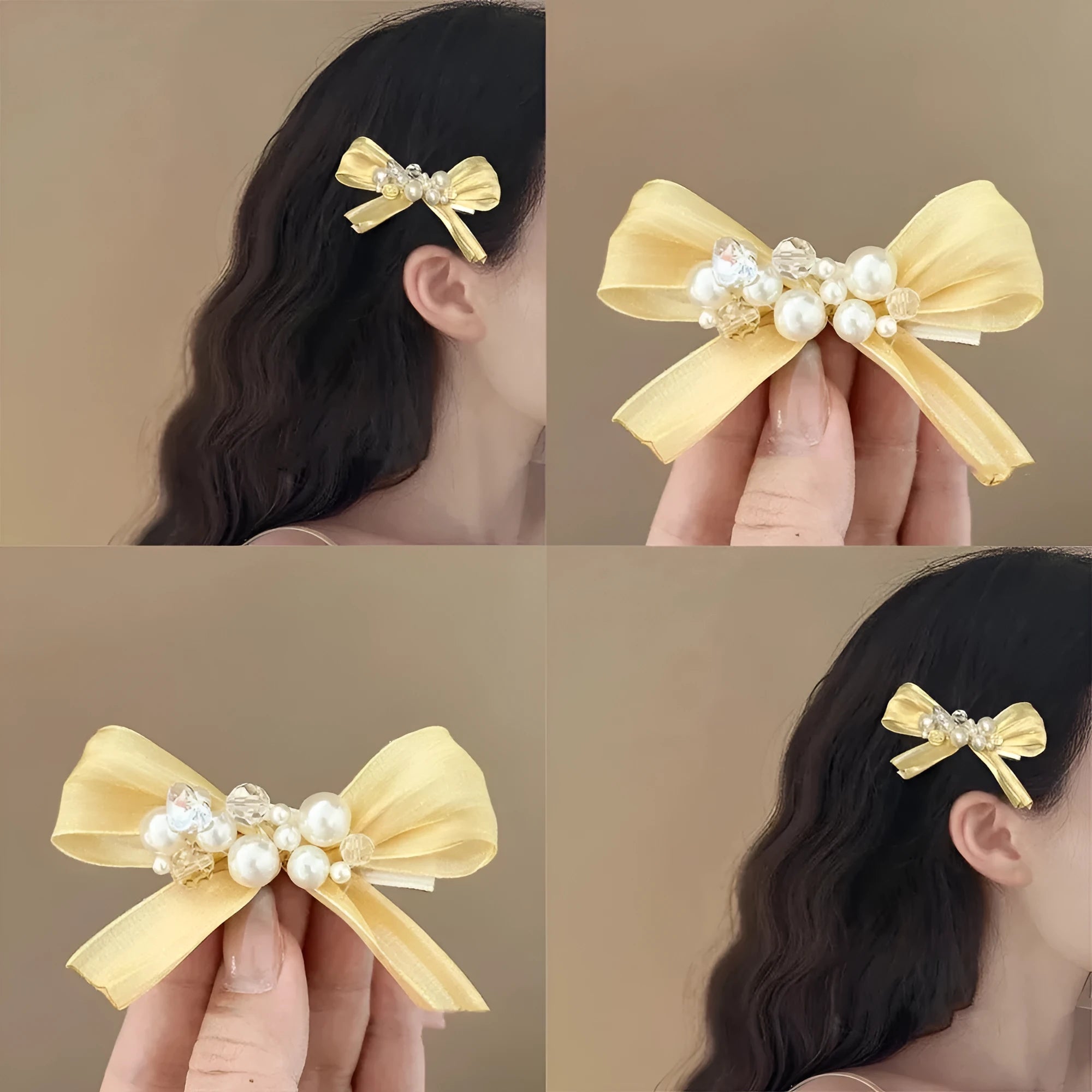Yellow bow hair barrette with rhinestone and pearl details on duckbill clip