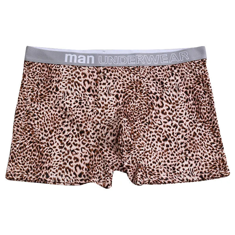 Men's loose leopard print underwear, milk silk, mid waist, quick drying, sizes M-XXXL.
