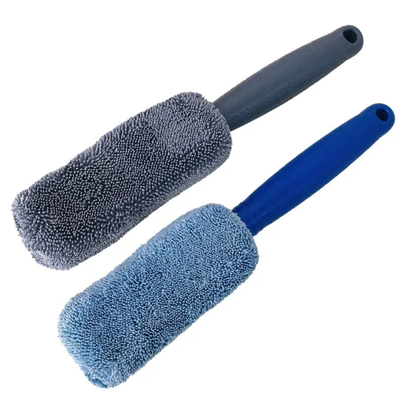 Blue microfiber car tyre brush with extended 45cm handle for wheel cleaning