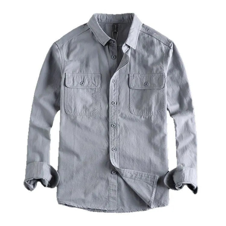 Men's loose fit long sleeve overalls shirt in cardigan style available in four colours
