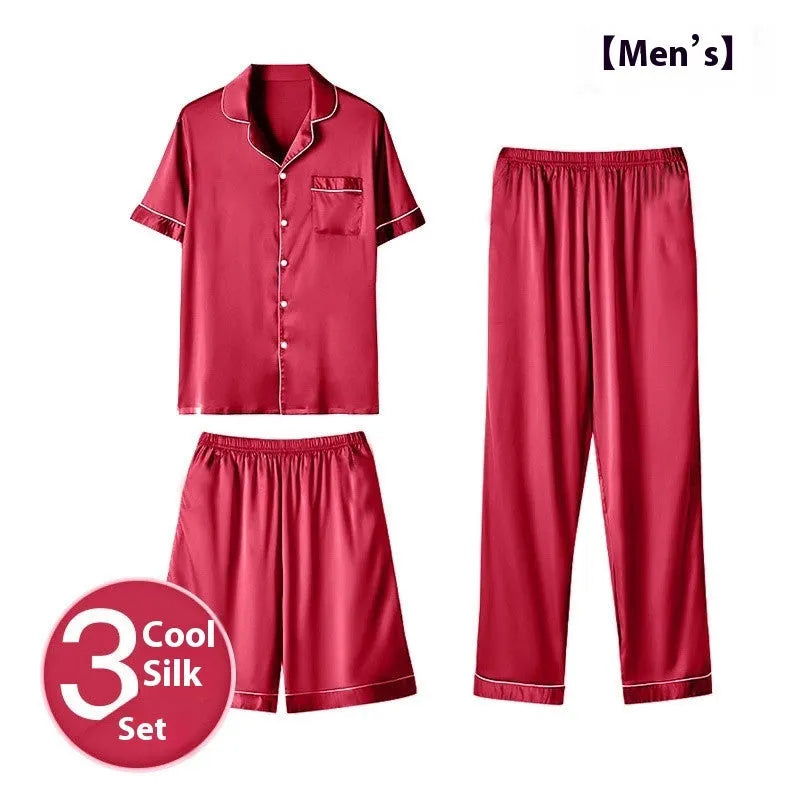 Men's ice silk three-piece home wear set showing trousers, shorts, and top in a neutral colour.