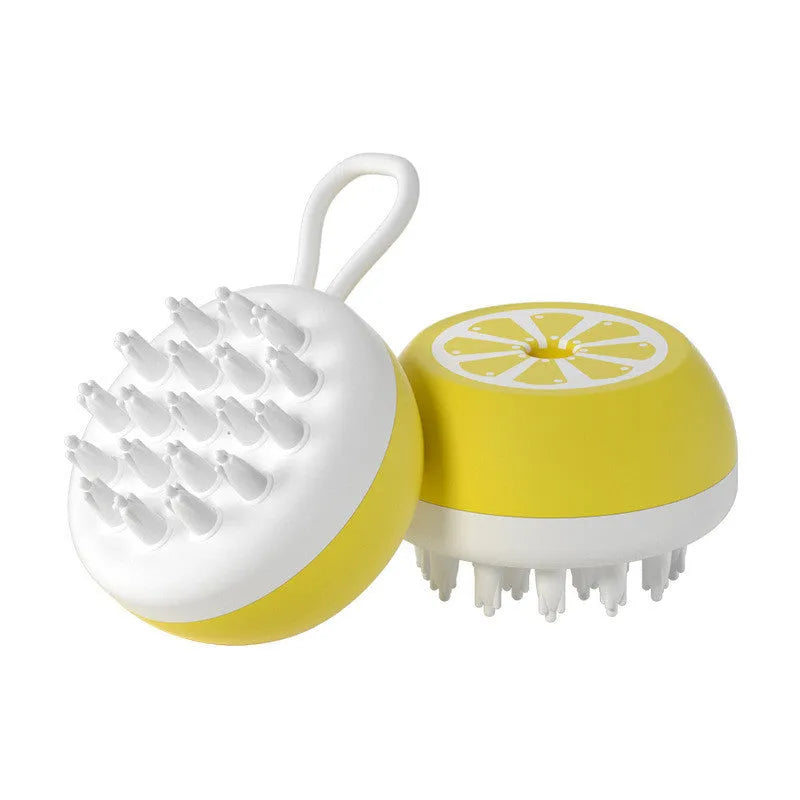 Yellow silicone pet bath brush with massage head design for dog and cat grooming