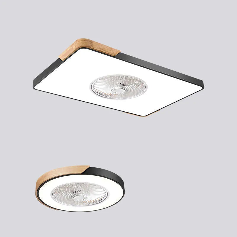 Nordic ceiling fan with light in solid wood rectangular, round, and square frame options.