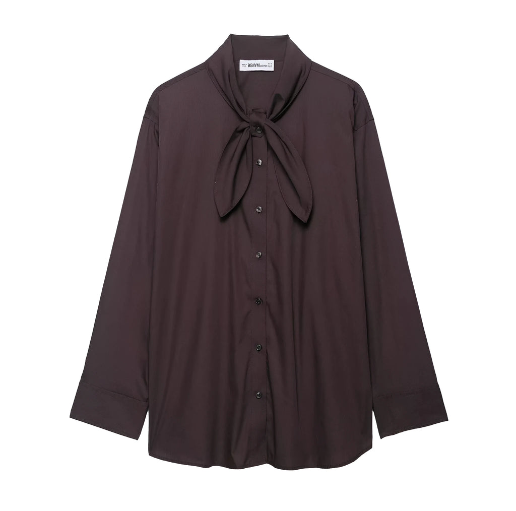 Brown women's poplin shirt with bow tie scarf, long sleeves, loose fit