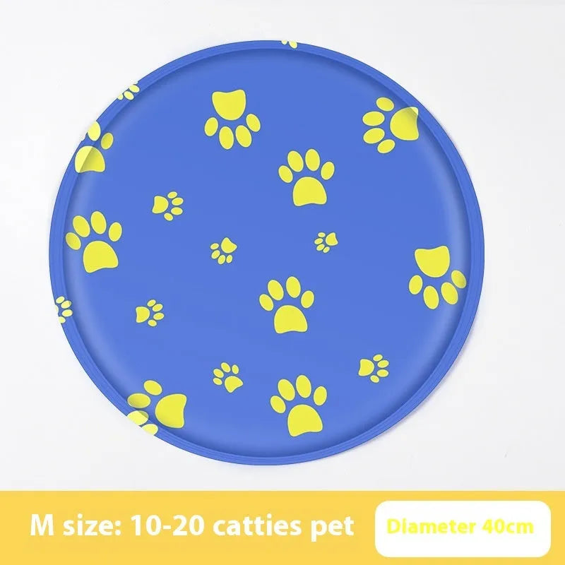 Round pet cooling mat with cartoon dog design, gel-filled for summer heat relief.