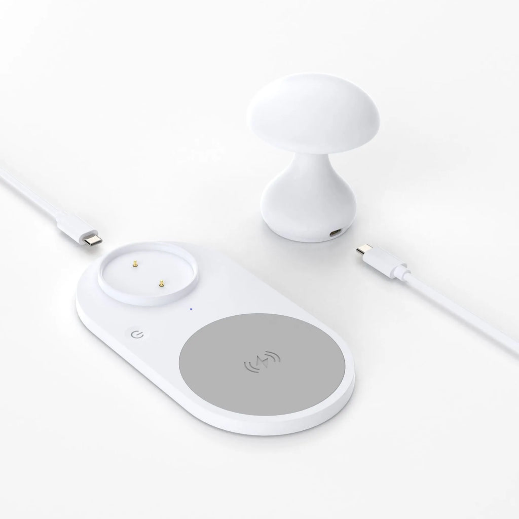 Multifunctional 10W wireless charger mushroom lamp in white ABS composite material on a desk