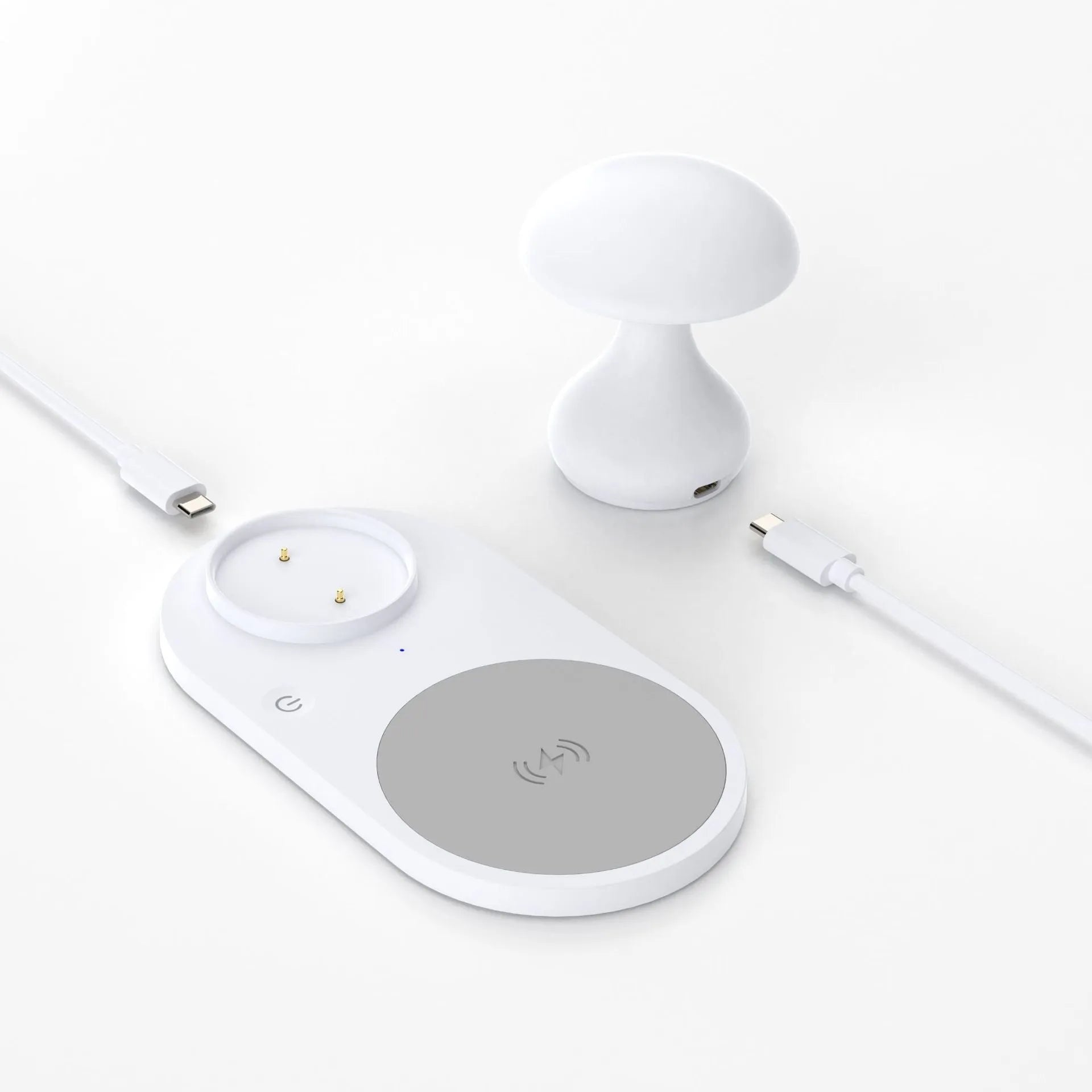 Multifunctional 10W wireless charger mushroom lamp in white ABS composite material on a desk