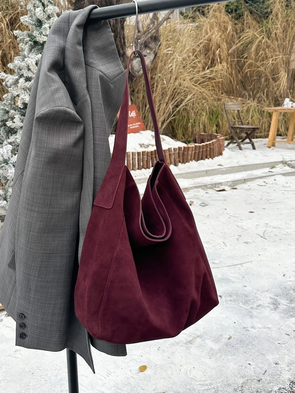 Women's minimalist loose suede shoulder bag in bucket shape, genuine leather, retro European style, 33x10x37cm