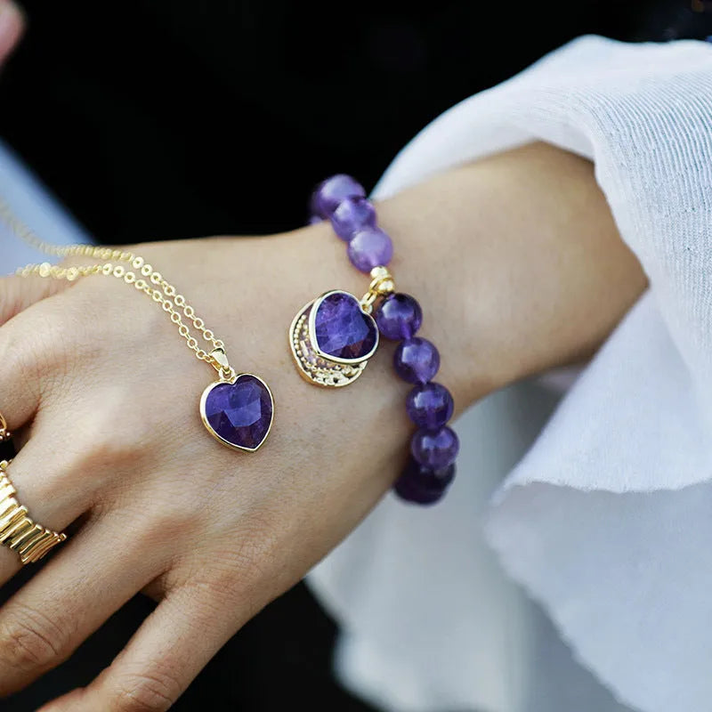 Natural stone amethyst stretch handmade beaded bracelet with heart-shaped amethyst and black agate beads 10mm size