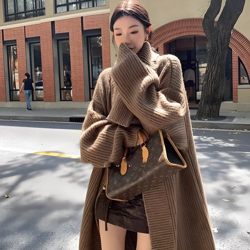 Women's autumn winter large lapel long cardigan jacket in chenille fabric with princess sleeves
