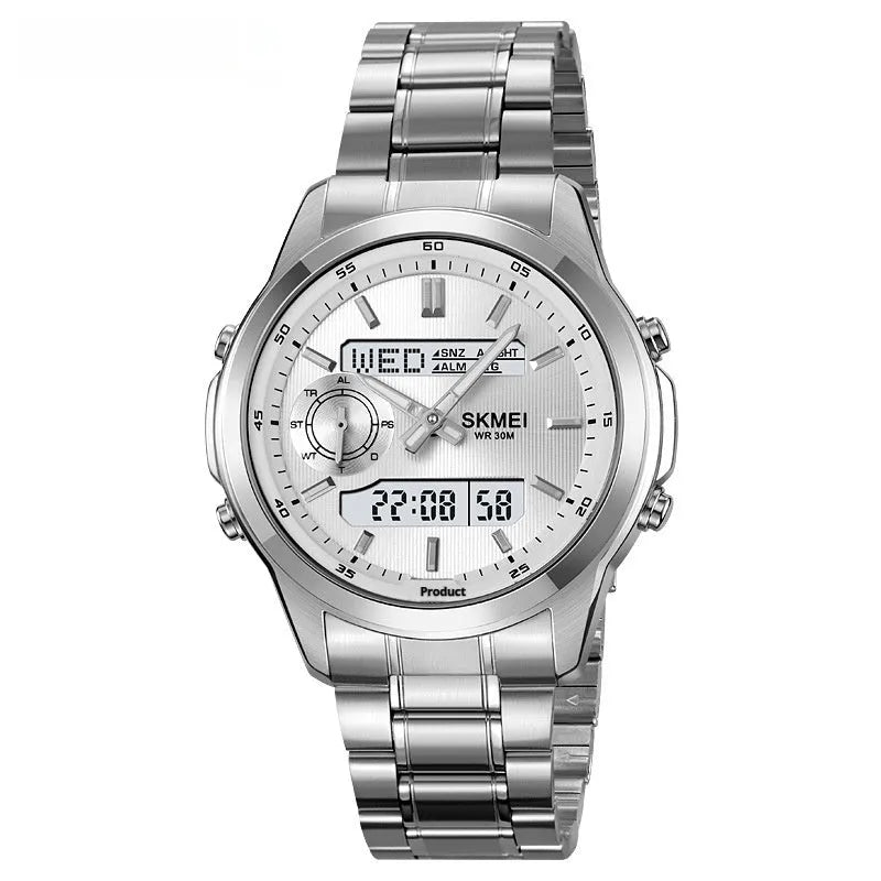 Men's steel strap watch with luminous multifunctional design, button cell battery, available in five colour finishes