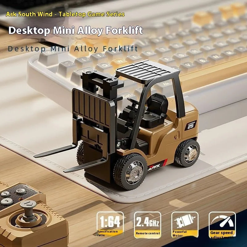 1:64 scale alloy remote control forklift with Bluetooth and working cargo hook displayed with accessories