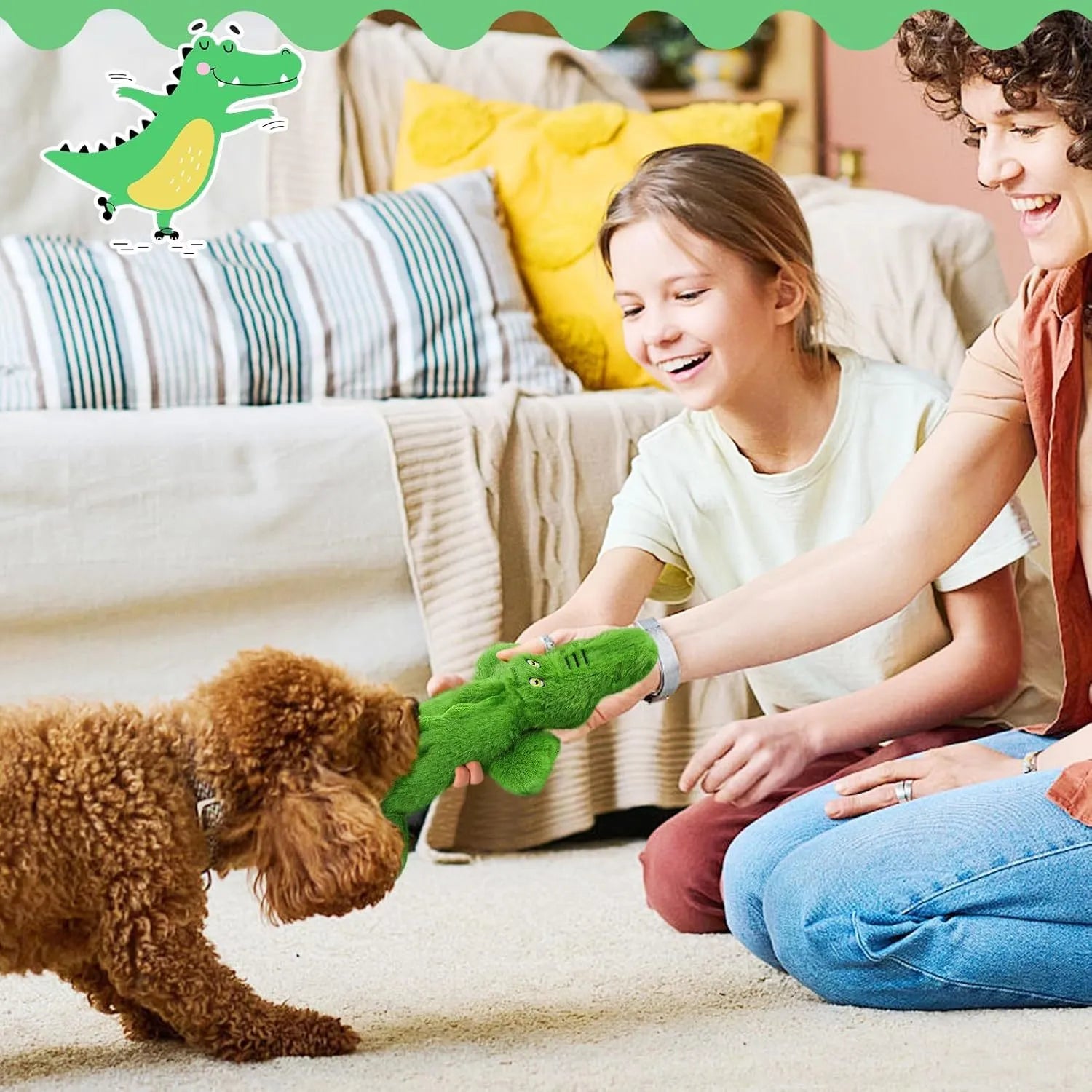 Green crocodile plush dog toy with squeaker and crinkle paper tail on a white background.
